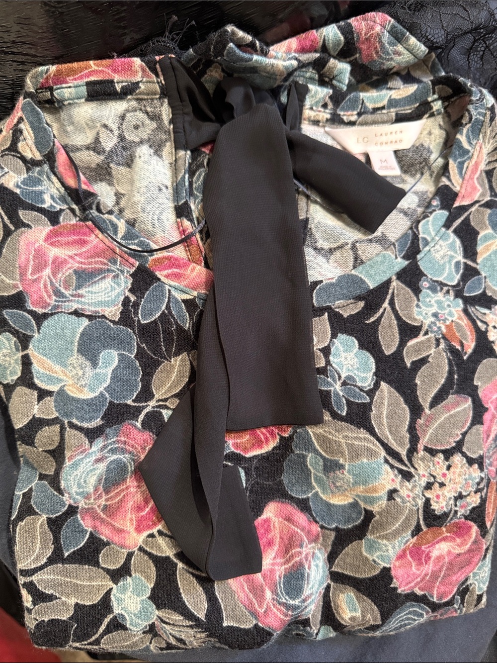 LC Lauren Conrad Black Floral Tie-Neck Sweater with Pink & Teal Roses